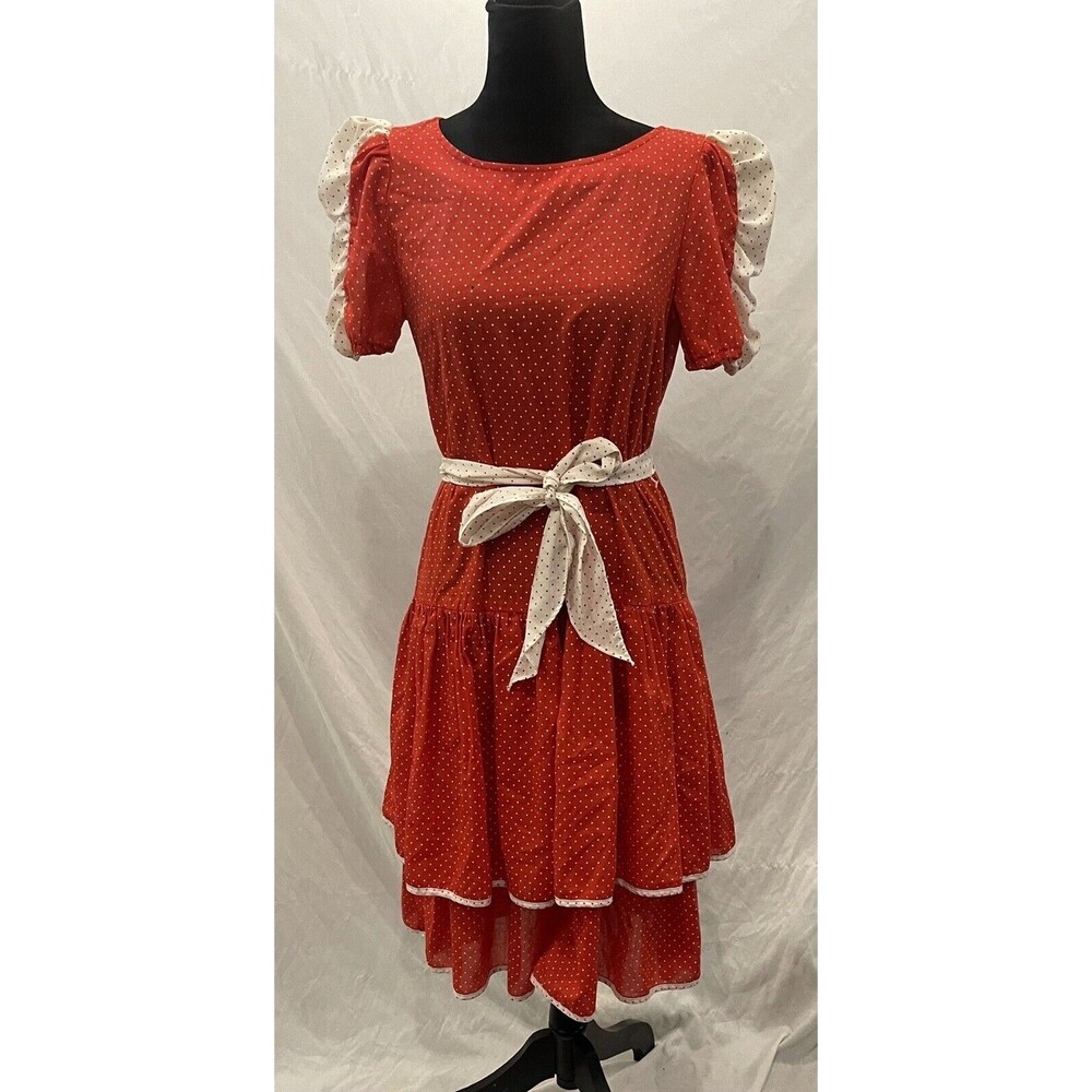 Vintage 80s Red Polka Dot Puff Sleeve Tiered Ruffle Rockabilly M/L